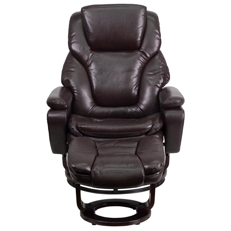 Recliner and Ottoman with Swivel Mahogany Wood Base in Brown LeatherSoft. Picture 4