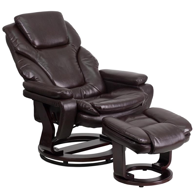 Recliner and Ottoman with Swivel Mahogany Wood Base in Brown LeatherSoft. Picture 5