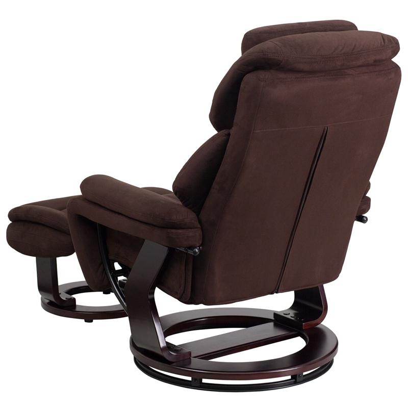 Recliner and Ottoman with Swivel Mahogany Wood Base in Brown Microfiber. Picture 3