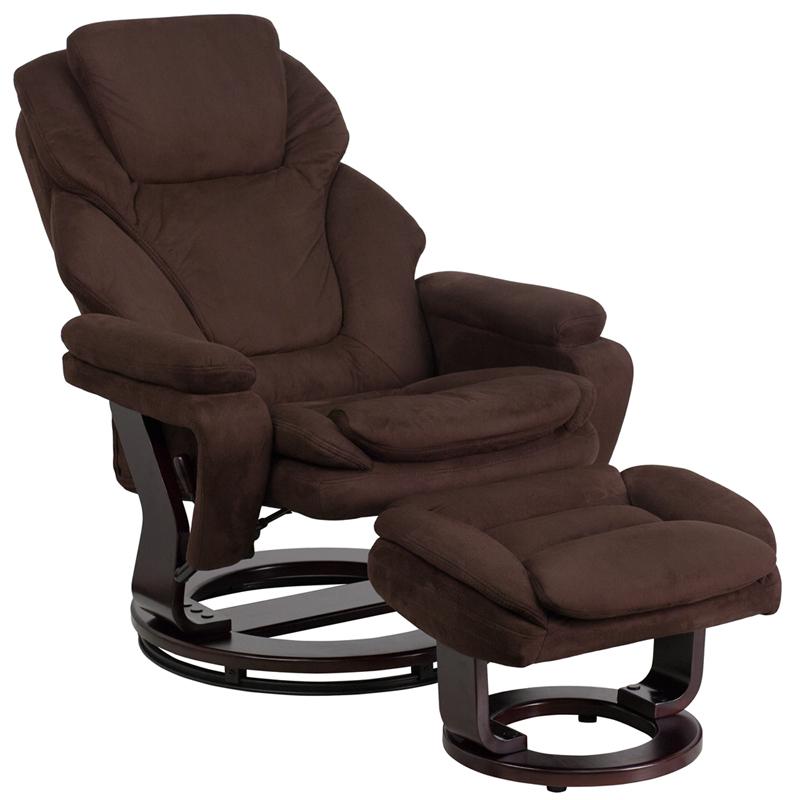 Recliner and Ottoman with Swivel Mahogany Wood Base in Brown Microfiber. Picture 5