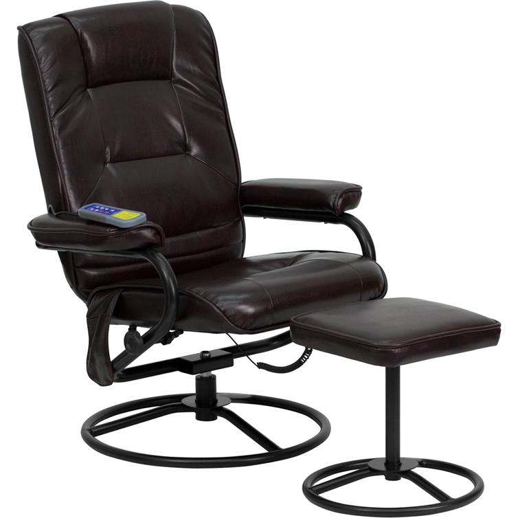 Massaging Multi-Position Recliner and Ottoman with Metal Bases in Brown LeatherSoft. Picture 1
