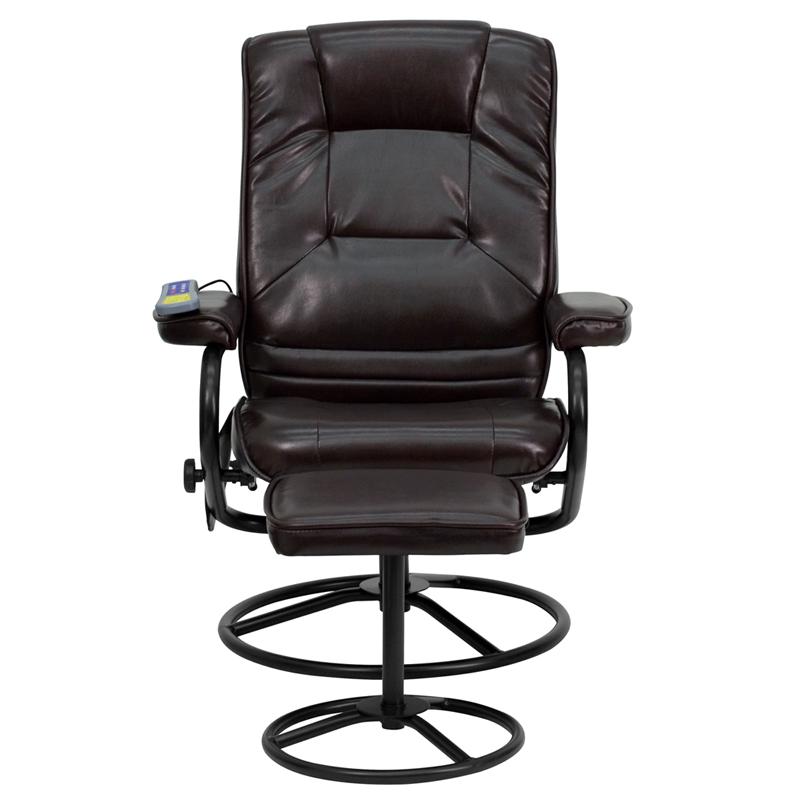 Massaging Multi-Position Recliner and Ottoman with Metal Bases in Brown LeatherSoft. Picture 4