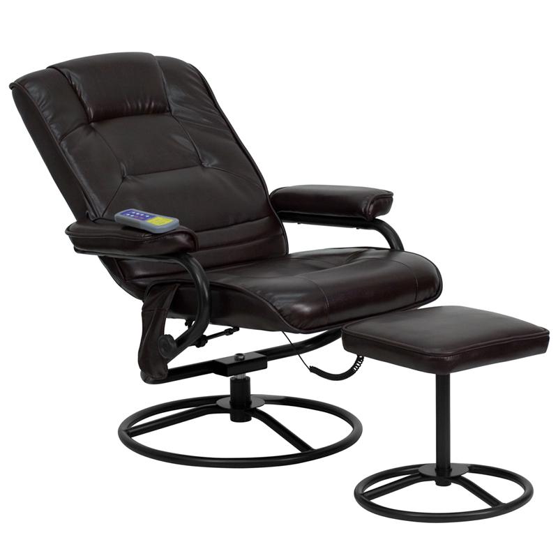 Massaging Multi-Position Recliner and Ottoman with Metal Bases in Brown LeatherSoft. Picture 5