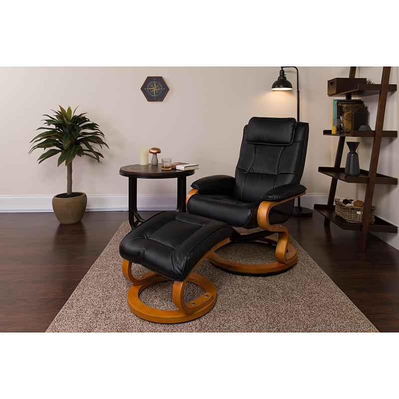 Adjustable Recliner and Ottoman with Swivel Maple Wood Base in Black LeatherSoft. Picture 2