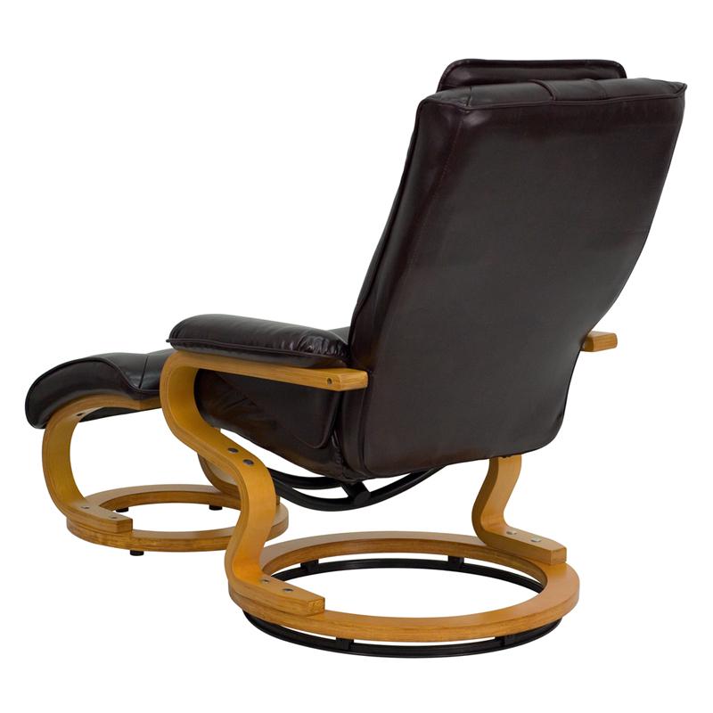 Adjustable Recliner and Ottoman with Swivel Maple Wood Base in Brown LeatherSoft. Picture 3