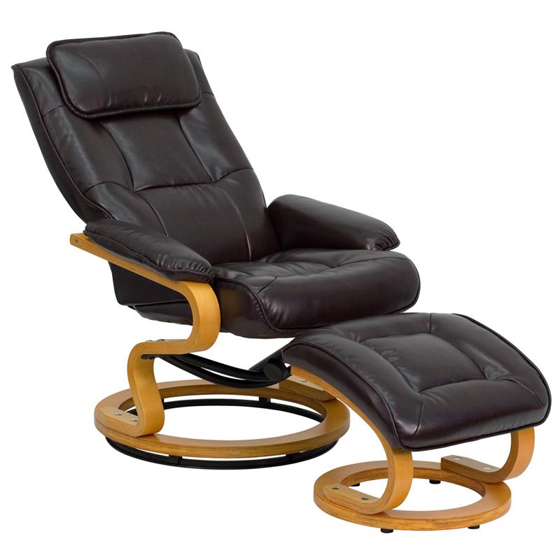 Adjustable Recliner and Ottoman with Swivel Maple Wood Base in Brown LeatherSoft. Picture 5