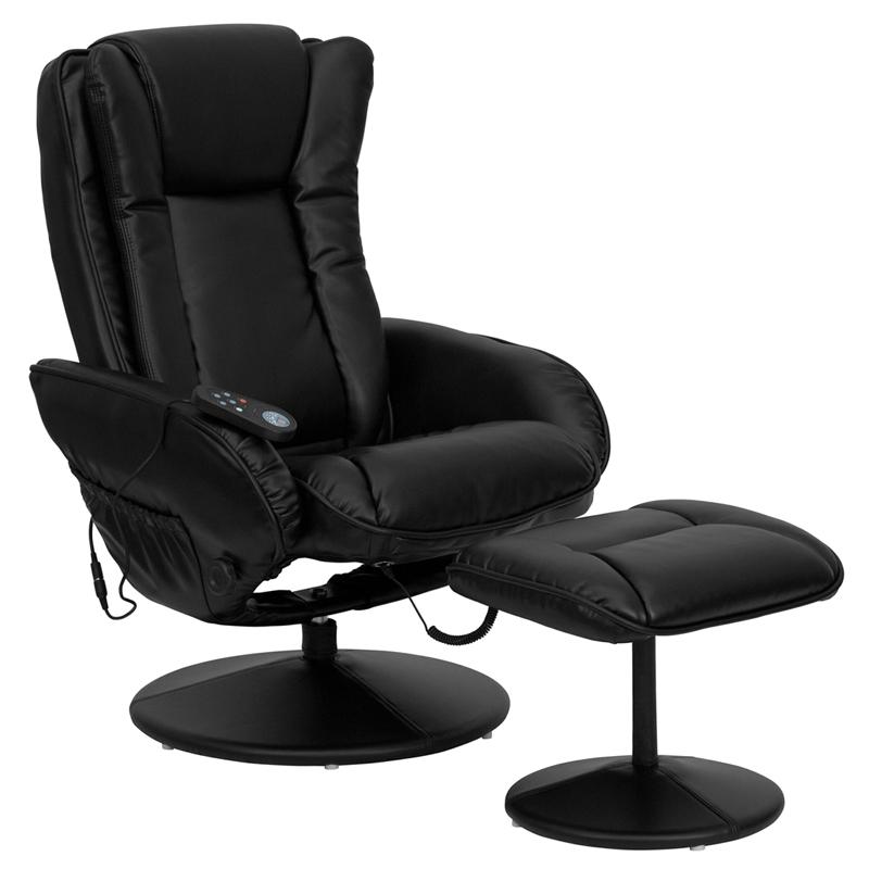 Massaging Multi-Position Plush Recliner with Side Pocket and Ottoman in Black LeatherSoft. Picture 1