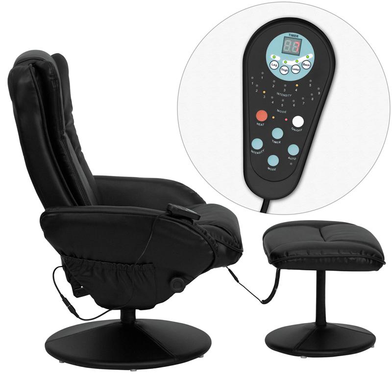 Massaging Multi-Position Plush Recliner with Side Pocket and Ottoman in Black LeatherSoft. Picture 2