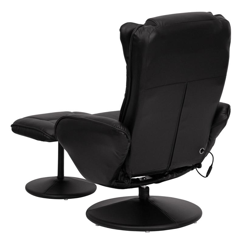 Massaging Plush Recliner with Side Pocket and Ottoman in Black LeatherSoft. Picture 3