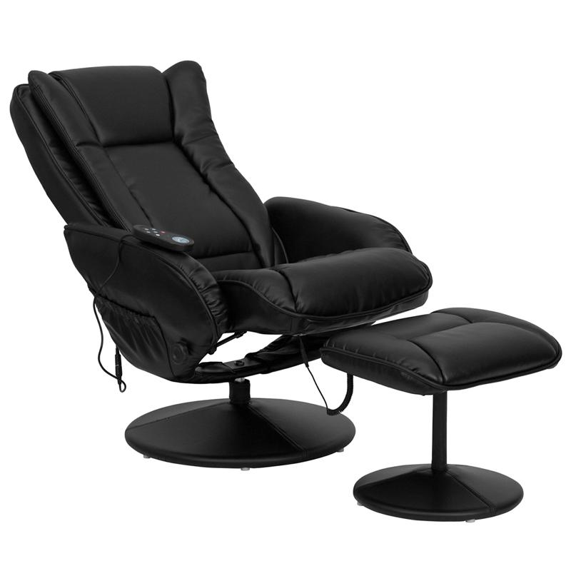 Massaging Plush Recliner with Side Pocket and Ottoman in Black LeatherSoft. Picture 5