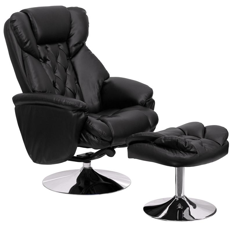 Multi-Position Recliner and Ottoman with Chrome Base in Black LeatherSoft. Picture 1
