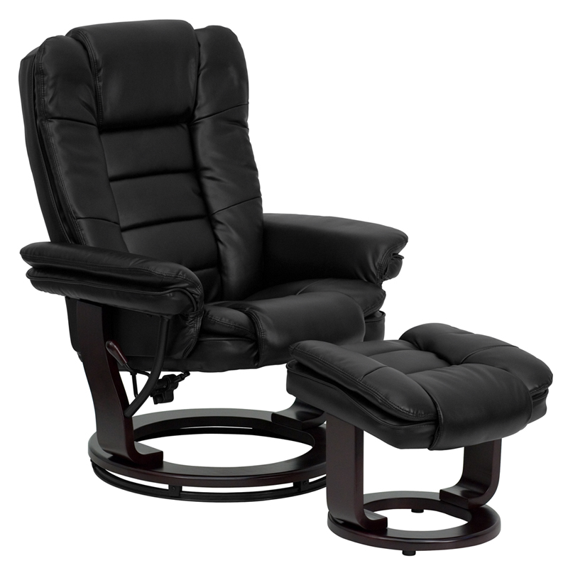 Recliner with Horizontal Stitching and Ottoman with Swivel Mahogany Wood Base. Picture 1