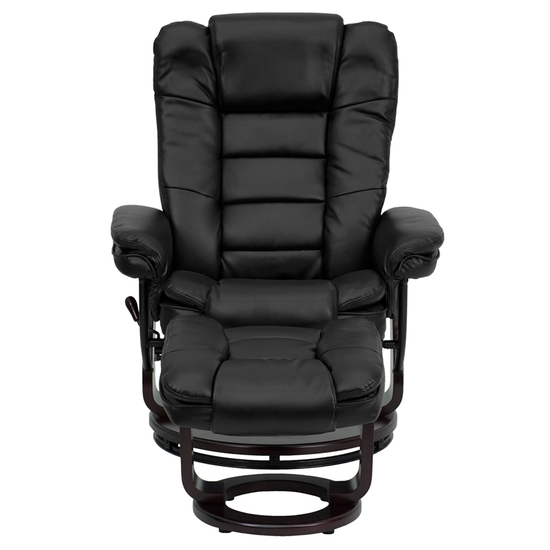 Recliner with Horizontal Stitching and Ottoman with Swivel Mahogany Wood Base. Picture 4