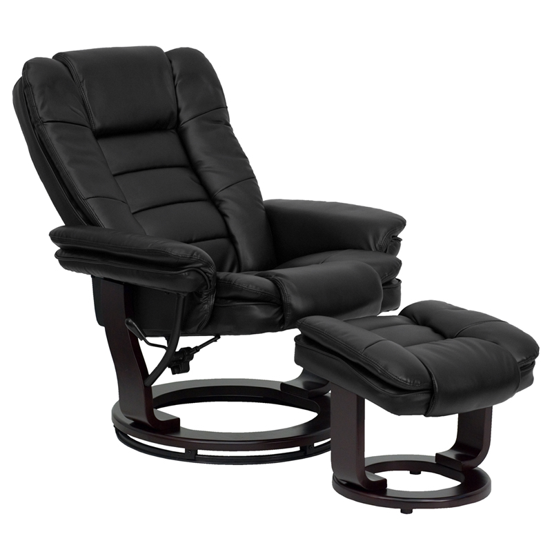Recliner with Horizontal Stitching and Ottoman with Swivel Mahogany Wood Base. Picture 5