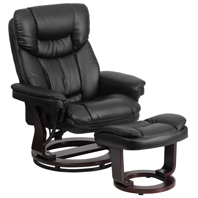 Recliner and Curved Ottoman with Swivel Mahogany Wood Base in Black LeatherSoft. Picture 1