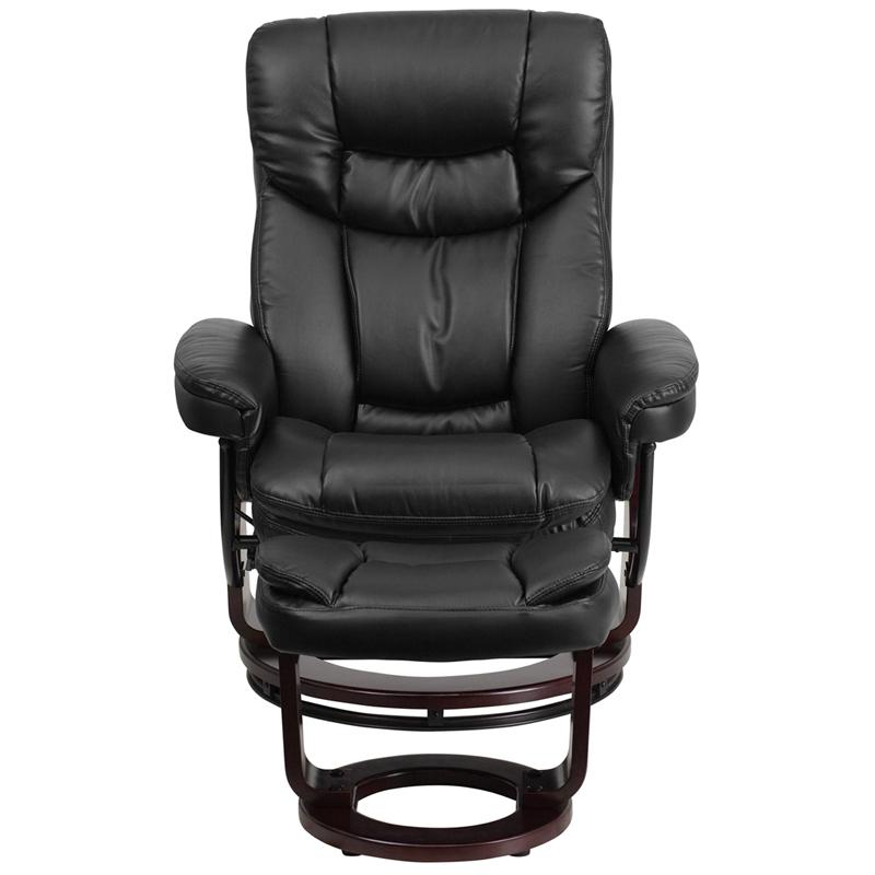 Recliner and Curved Ottoman with Swivel Mahogany Wood Base in Black LeatherSoft. Picture 4