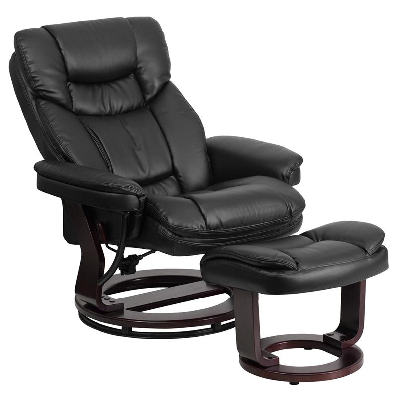 Recliner and Curved Ottoman with Swivel Mahogany Wood Base in Black LeatherSoft. Picture 5