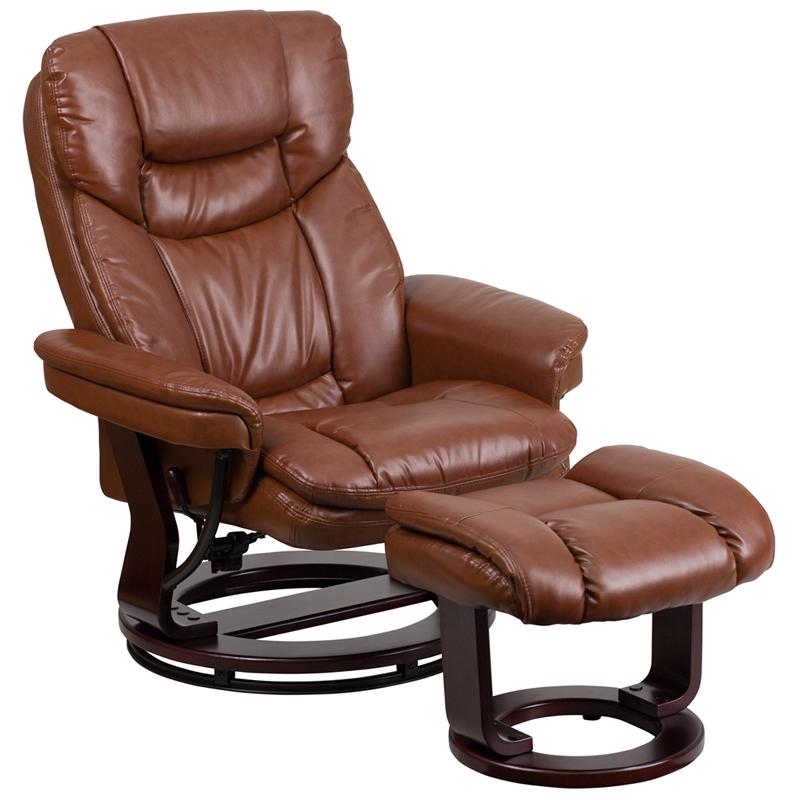 Recliner and Ottoman with Swivel Mahogany Wood Base in Brown Vintage LeatherSoft. Picture 1