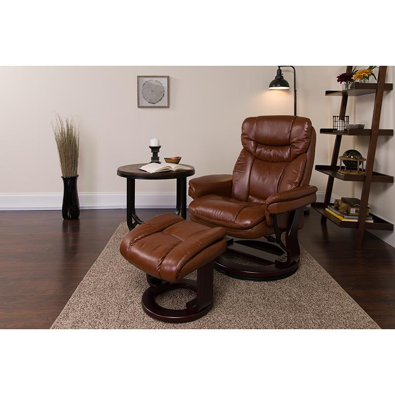Recliner and Ottoman with Swivel Mahogany Wood Base in Brown Vintage LeatherSoft. Picture 2