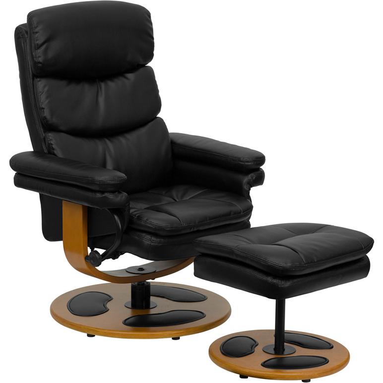Contemporary Multi-Position Recliner and Ottoman with Wood Base in Black LeatherSoft. The main picture.