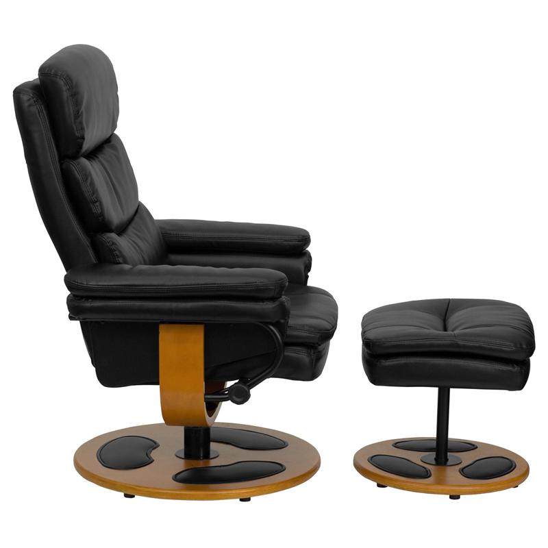 Contemporary Multi-Position Recliner and Ottoman with Wood Base in Black LeatherSoft. Picture 2