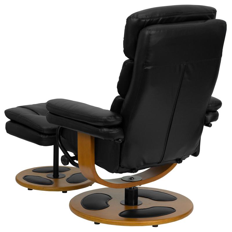Contemporary Multi-Position Recliner and Ottoman with Wood Base in Black LeatherSoft. Picture 3