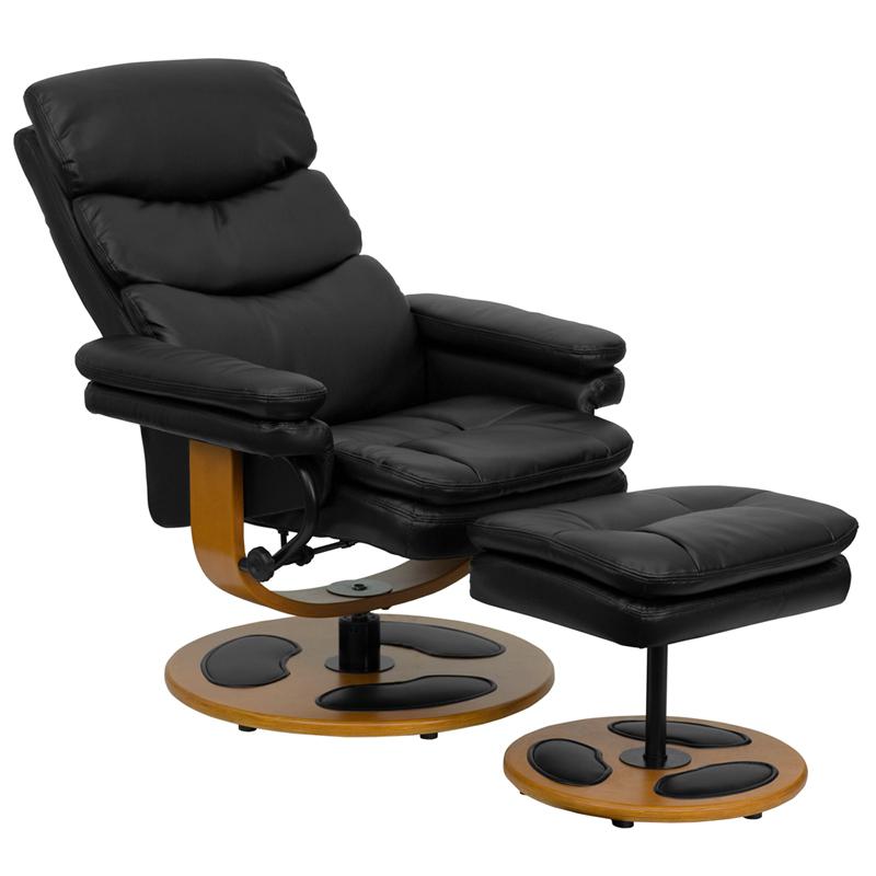 Contemporary Multi-Position Recliner and Ottoman with Wood Base in Black LeatherSoft. Picture 5