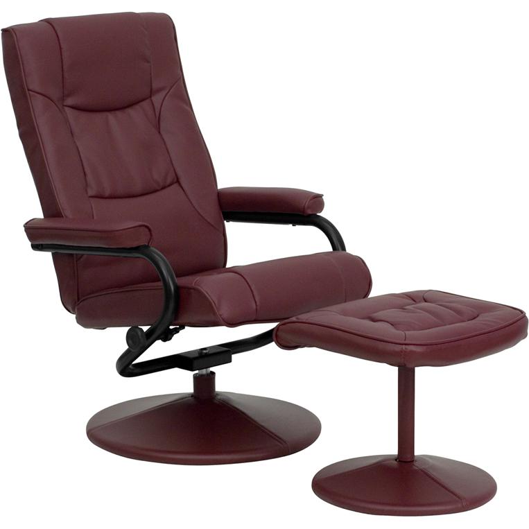 Recliner and Ottoman with Wrapped Base in Burgundy LeatherSoft. Picture 1