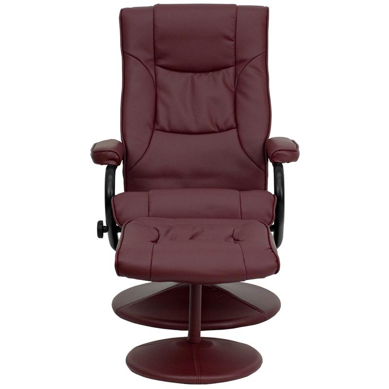 Recliner and Ottoman with Wrapped Base in Burgundy LeatherSoft. Picture 4