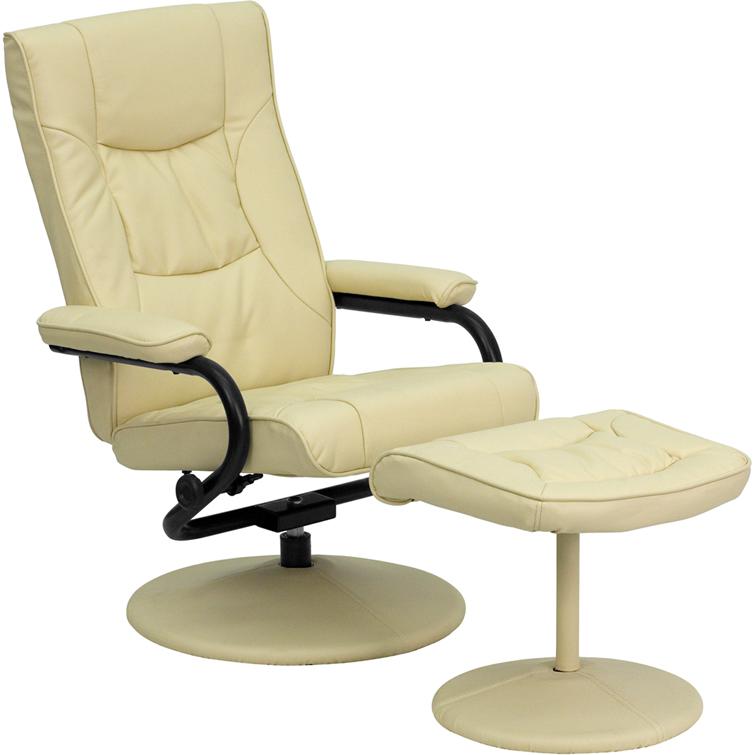 Recliner and Ottoman with Wrapped Base in Cream LeatherSoft. Picture 1