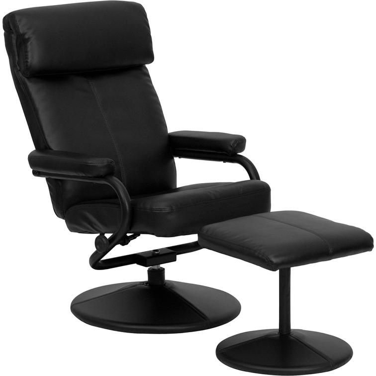 Contemporary Multi-Position Headrest Recliner and Ottoman with Wrapped Base in Black LeatherSoft. The main picture.