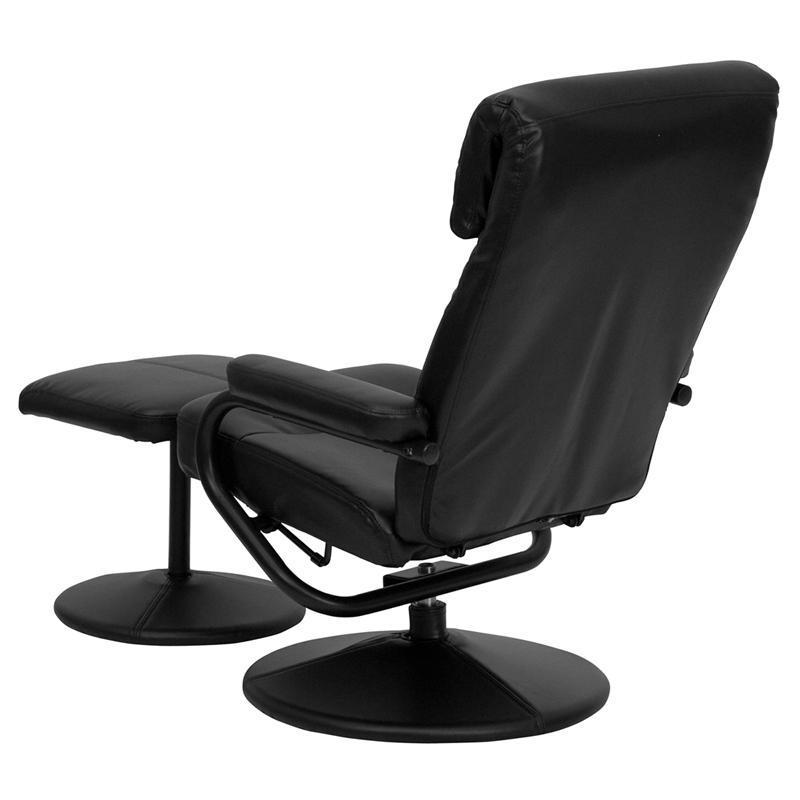 Contemporary Multi-Position Headrest Recliner and Ottoman with Wrapped Base in Black LeatherSoft. Picture 4