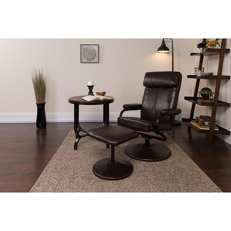 Contemporary Multi-Position Headrest Recliner and Ottoman with Wrapped Base in Brown LeatherSoft. Picture 2