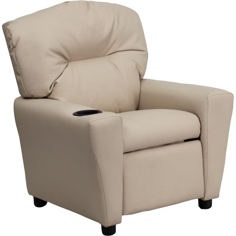 Contemporary Beige Vinyl Kids Recliner with Cup Holder. The main picture.