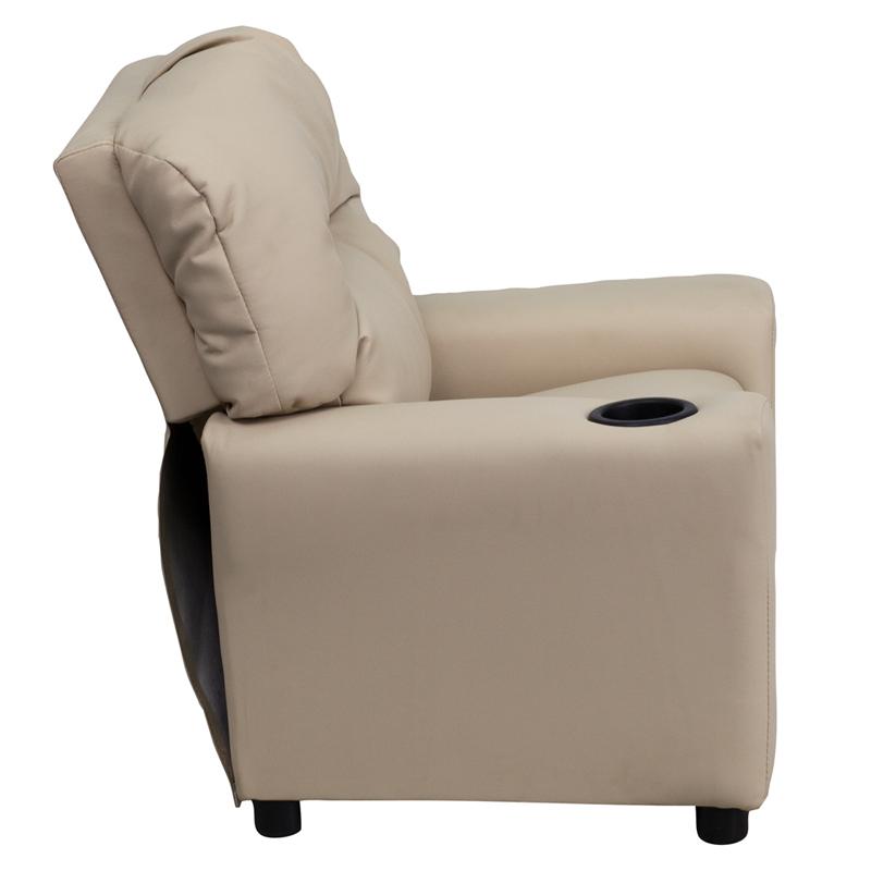 Contemporary Beige Vinyl Kids Recliner with Cup Holder. Picture 2