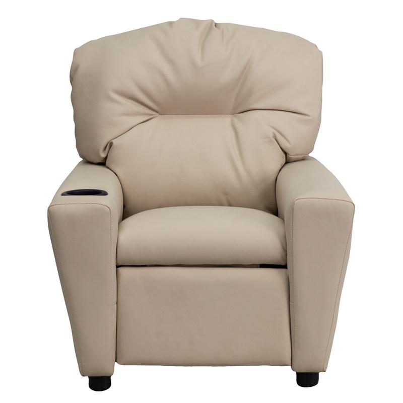 Contemporary Beige Vinyl Kids Recliner with Cup Holder. Picture 4