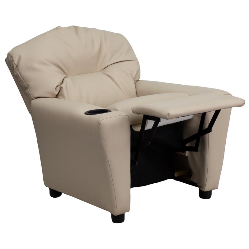 Contemporary Beige Vinyl Kids Recliner with Cup Holder. Picture 5