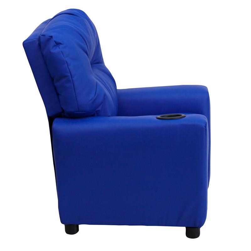 Contemporary Blue Vinyl Kids Recliner with Cup Holder. Picture 2