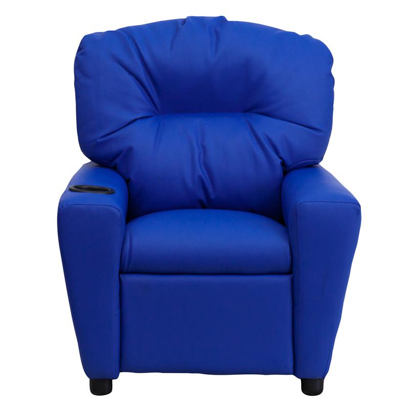 Contemporary Blue Vinyl Kids Recliner with Cup Holder. Picture 4