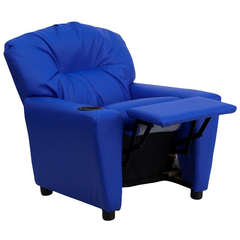Contemporary Blue Vinyl Kids Recliner with Cup Holder. Picture 5