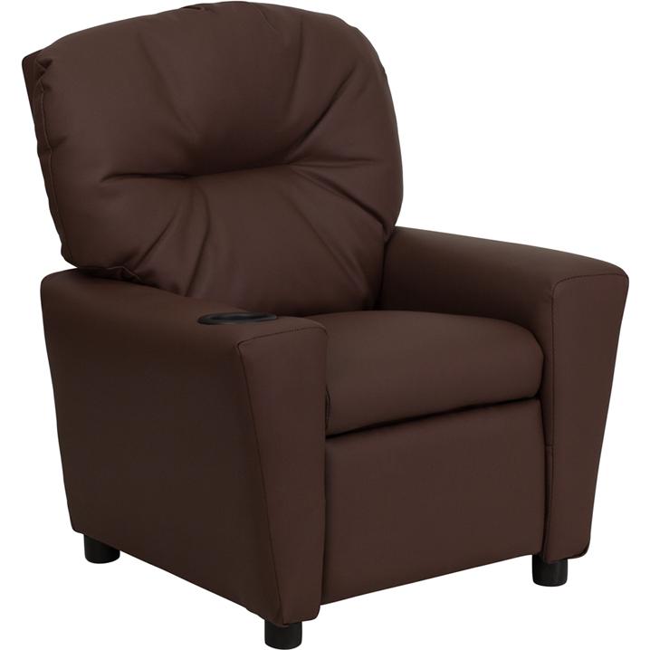 Contemporary Brown LeatherSoft Kids Recliner with Cup Holder. Picture 1