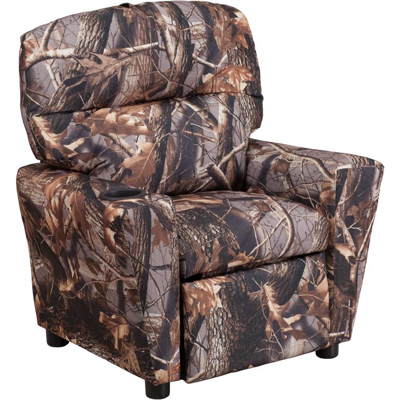 Contemporary Camouflaged Fabric Kids Recliner with Cup Holder. Picture 1