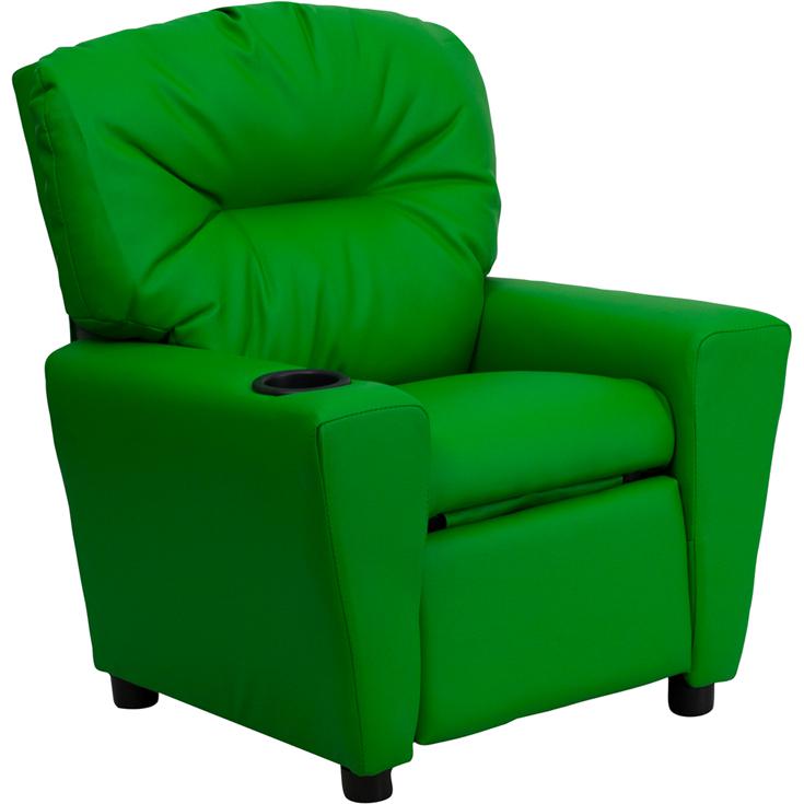 Contemporary Green Vinyl Kids Recliner with Cup Holder. The main picture.
