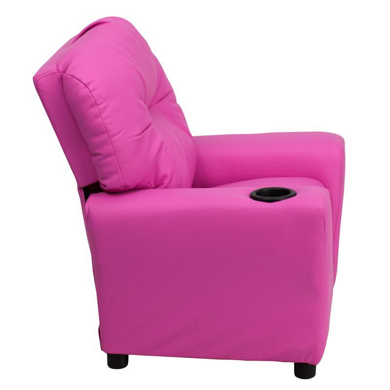 Contemporary Hot Pink Vinyl Kids Recliner with Cup Holder. Picture 2