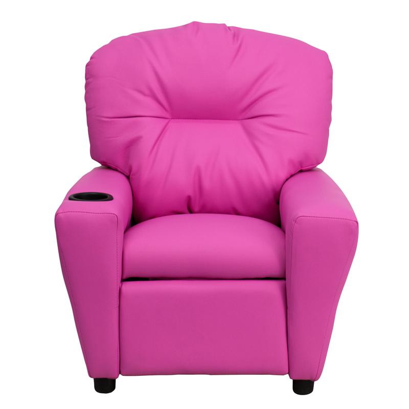 Contemporary Hot Pink Vinyl Kids Recliner with Cup Holder. Picture 4