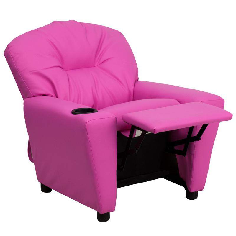 Contemporary Hot Pink Vinyl Kids Recliner with Cup Holder. Picture 5