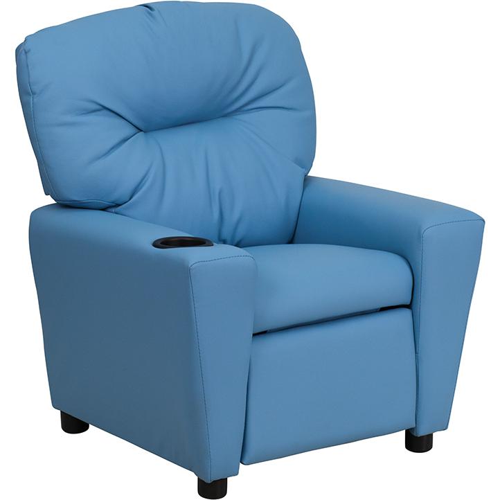 Contemporary Light Blue Vinyl Kids Recliner with Cup Holder. Picture 5