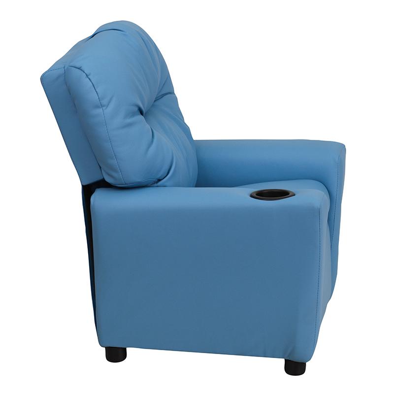 Contemporary Light Blue Vinyl Kids Recliner with Cup Holder. Picture 2