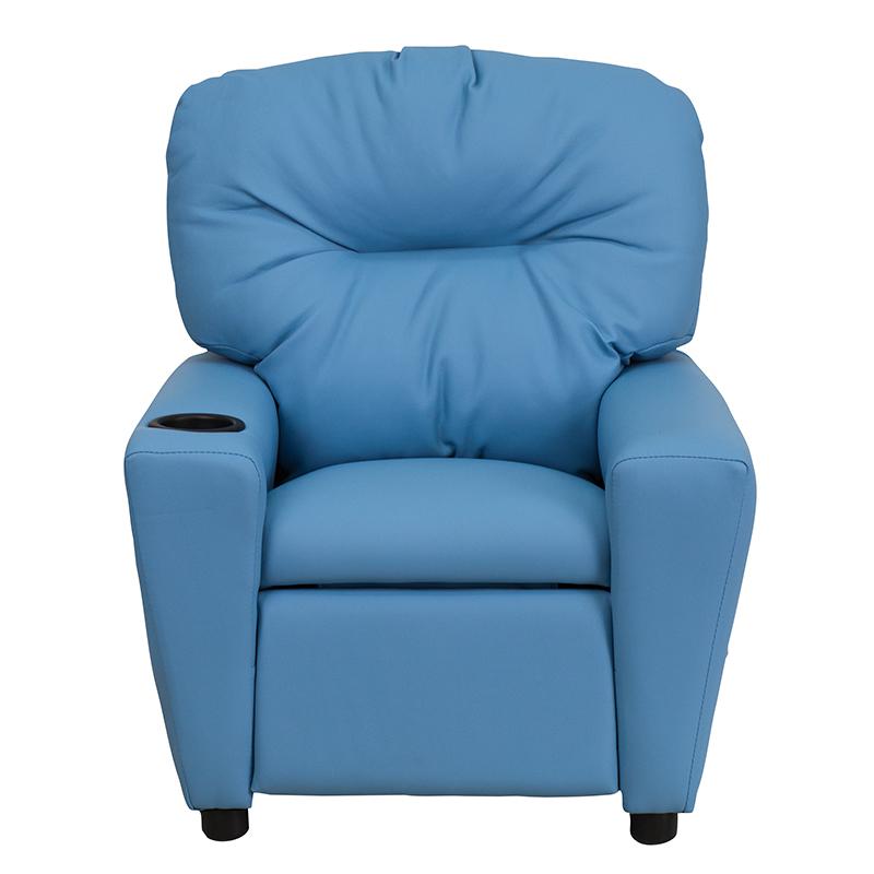 Contemporary Light Blue Vinyl Kids Recliner with Cup Holder. Picture 4