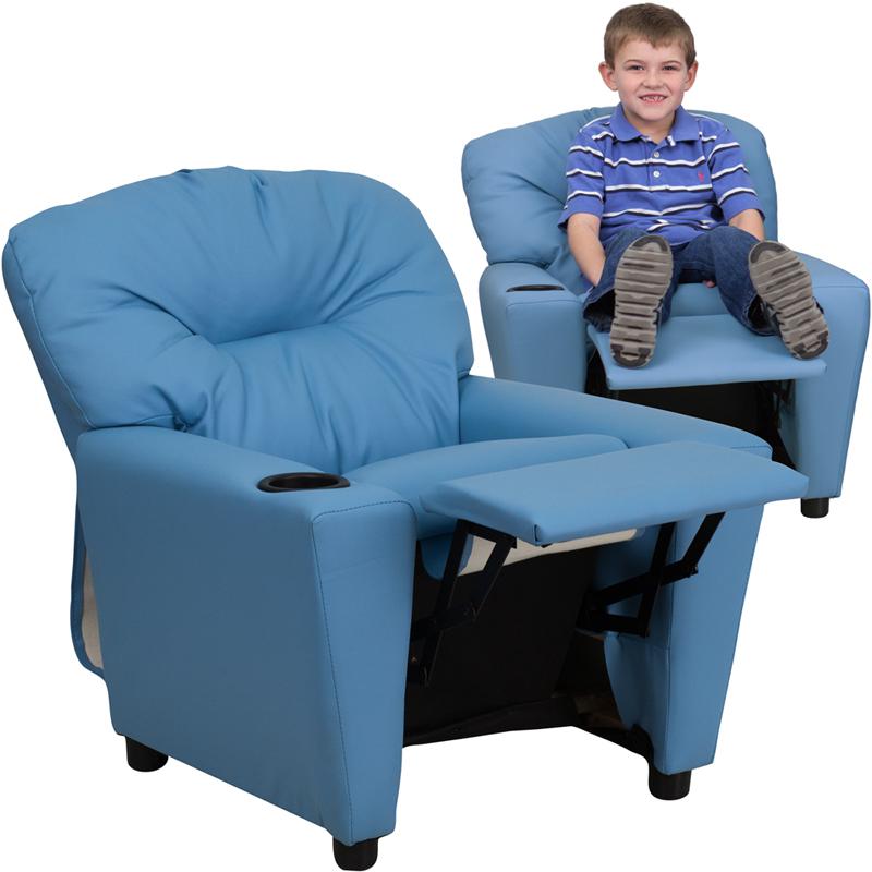 Contemporary Light Blue Vinyl Kids Recliner with Cup Holder. The main picture.